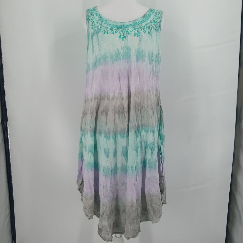 womans vintage shoreline Tie Dye Midi Dress Size 1X purple and green hippie boho